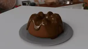 Ein 3D-Render eines Kuchens mit frischer Schokoladen-Glasur, die mit 3D-Technik realistisch simuliert wurde.