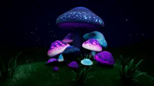 Ein 3D-Render von mehreren zusammenstehenden Pilzen die starke, mystische Farben haben.